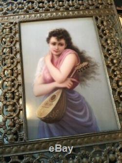 Antique Kpm Style Porcelain Portrait Lady Plaque Framed Marked 107 Handpainted