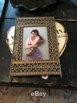 Antique Kpm Style Porcelain Portrait Lady Plaque Framed Marked 107 Handpainted