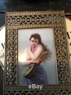 Antique Kpm Style Porcelain Portrait Lady Plaque Framed Marked 107 Handpainted