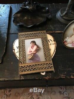 Antique Kpm Style Porcelain Portrait Lady Plaque Framed Marked 107 Handpainted