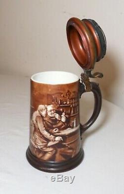 Antique Lenox porcelain sterling bronze hand painted monk friar lidded stein mug