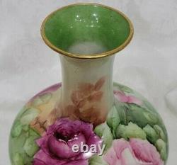 Antique Limoges France Hand Painted Roses Vase 8 1/4