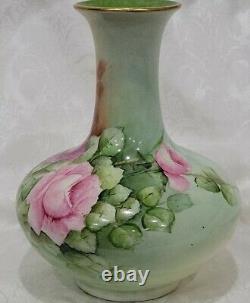 Antique Limoges France Hand Painted Roses Vase 8 1/4