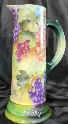 Antique Limoges France Hand Painted Tankard Pitcher Hand Painted Grapes 14,5