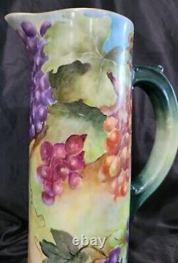 Antique Limoges France Hand Painted Tankard Pitcher Hand Painted Grapes 14,5