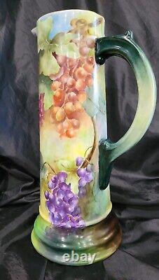Antique Limoges France Hand Painted Tankard Pitcher Hand Painted Grapes 14,5