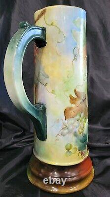 Antique Limoges France Hand Painted Tankard Pitcher Hand Painted Grapes 14,5