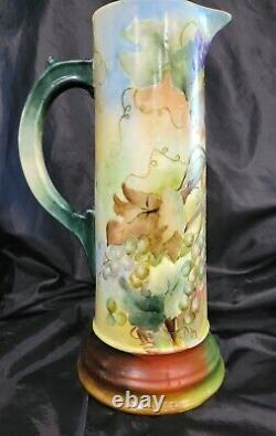 Antique Limoges France Hand Painted Tankard Pitcher Hand Painted Grapes 14,5