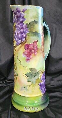 Antique Limoges France Hand Painted Tankard Pitcher Hand Painted Grapes 14,5