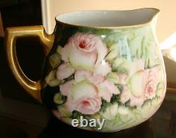 Antique Limoges Guerin Hand Painted Cider Pitcher Jug Vase, Roses