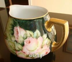 Antique Limoges Guerin Hand Painted Cider Pitcher Jug Vase, Roses