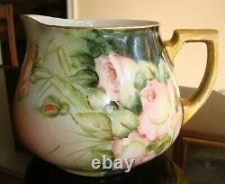 Antique Limoges Guerin Hand Painted Cider Pitcher Jug Vase, Roses