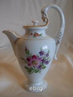 Antique Meissen Porcelain Hand Painted Flowers Swan Handle Small Tea Coffee Pot