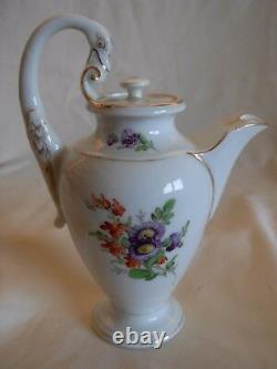 Antique Meissen Porcelain Hand Painted Flowers Swan Handle Small Tea Coffee Pot