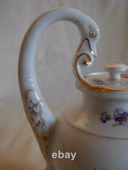 Antique Meissen Porcelain Hand Painted Flowers Swan Handle Small Tea Coffee Pot