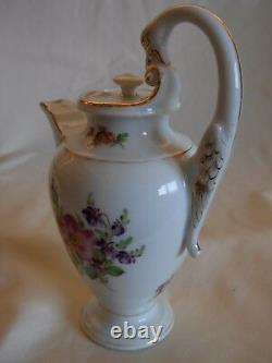 Antique Meissen Porcelain Hand Painted Flowers Swan Handle Small Tea Coffee Pot