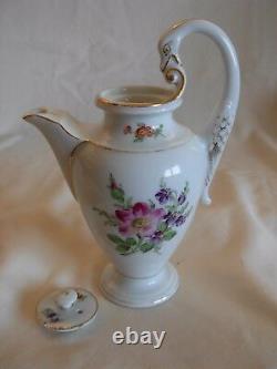 Antique Meissen Porcelain Hand Painted Flowers Swan Handle Small Tea Coffee Pot