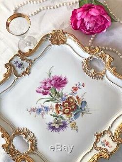 Antique Meissen Porcelain Large Serving Tray 16, Hand-painted, Floral, Gilt