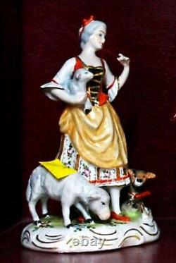 Antique Meissen Wilhelm Rittirsch Hand Painted Shepherdess Figurine with sheep