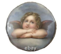 Antique Miniature Hand Painted Porcelain Angel Plaque Sistine Madonna Raphael