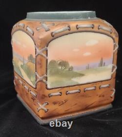 Antique NIPPON Hand Painted Porcelain Jar Tobacco Humidor Japan 4-scene car