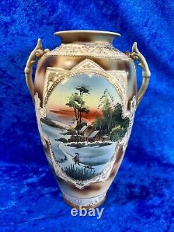 Antique Nippon Hand Painted Porcelain 12.5 Embossed Vase