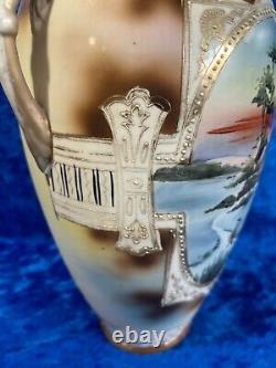 Antique Nippon Hand Painted Porcelain 12.5 Embossed Vase