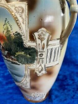 Antique Nippon Hand Painted Porcelain 12.5 Embossed Vase