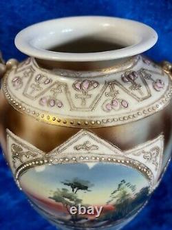 Antique Nippon Hand Painted Porcelain 12.5 Embossed Vase
