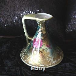 Antique Nippon Hand Painted Porcelain Vase Pitcher Ewer Roses Beaded Heavy Gold