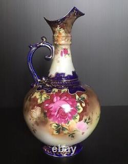 Antique Nippon Hand Painted Roses Cobalt Blue Footed Pitch Vase