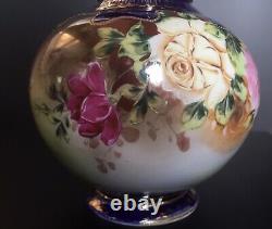 Antique Nippon Hand Painted Roses Cobalt Blue Footed Pitch Vase