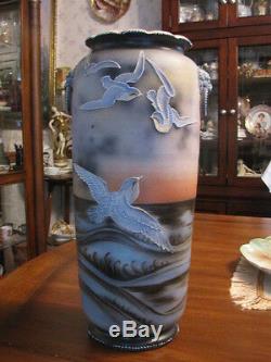 Antique Nippon Huge Porcelain Hand Painted Vase Birds Moriage 15 Tall