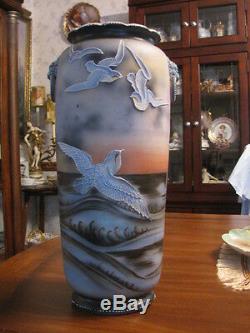Antique Nippon Huge Porcelain Hand Painted Vase Birds Moriage 15 Tall