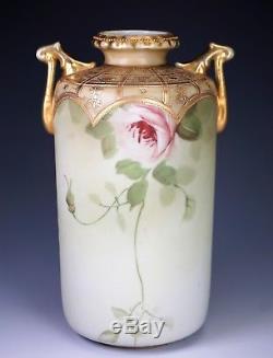Antique Nippon Porcelain Handled Vase Hand Painted Red Trailing Roses