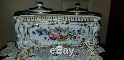 Antique Old Paris Porcelain Hand Painted Floral Inkwell Inkstand