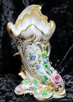 Antique Old Paris Porcelain Mantle Vase Hand Painted Applied Flowers 1800's