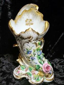 Antique Old Paris Porcelain Mantle Vase Hand Painted Applied Flowers 1800's