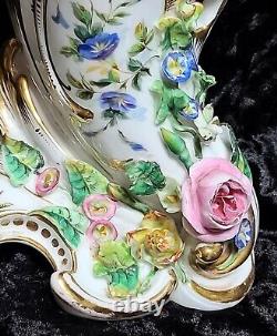 Antique Old Paris Porcelain Mantle Vase Hand Painted Applied Flowers 1800's