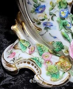 Antique Old Paris Porcelain Mantle Vase Hand Painted Applied Flowers 1800's