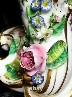 Antique Old Paris Porcelain Mantle Vase Hand Painted Applied Flowers 1800's