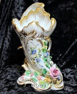 Antique Old Paris Porcelain Mantle Vase Hand Painted Applied Flowers 1800's