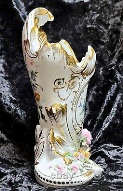 Antique Old Paris Porcelain Mantle Vase Hand Painted Applied Flowers 1800's