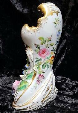 Antique Old Paris Porcelain Mantle Vase Hand Painted Applied Flowers 1800's