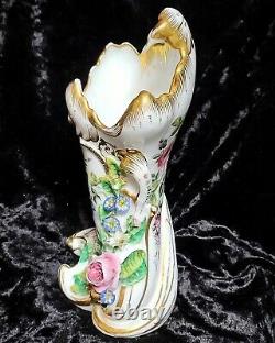 Antique Old Paris Porcelain Mantle Vase Hand Painted Applied Flowers 1800's