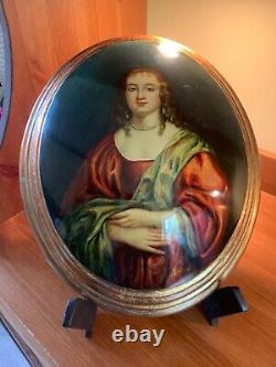 Antique Oval hand-painted porcelain plaque of lady Anne carr on solid wood