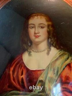 Antique Oval hand-painted porcelain plaque of lady Anne carr on solid wood