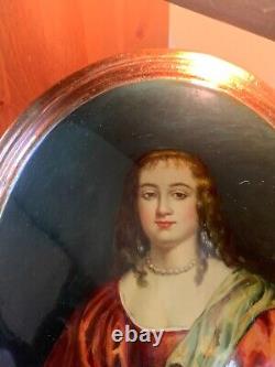 Antique Oval hand-painted porcelain plaque of lady Anne carr on solid wood