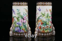 Antique Pair Coalport Rocket Vases Hand Painted Flowers Butterfly Dragonfly 1870