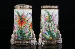 Antique Pair Coalport Rocket Vases Hand Painted Flowers Butterfly Dragonfly 1870